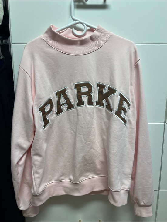 Parker Tops - Parke Pink Mock Neck Sweatshirt with Tan Appliqué Logo